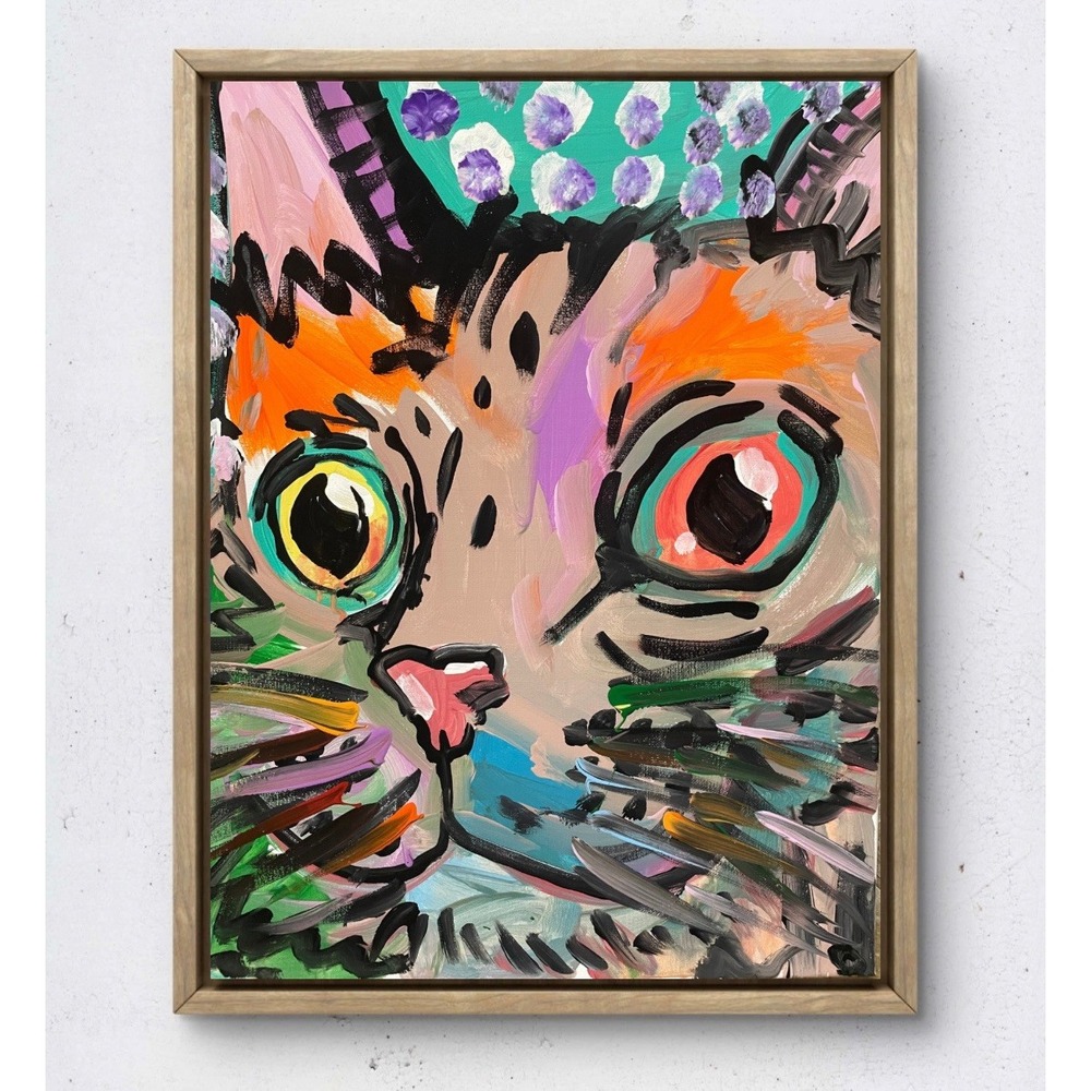 Oman Original Neo Expressionist Cat Painting 16x20 Acrylic Canvas Pop Pet Art